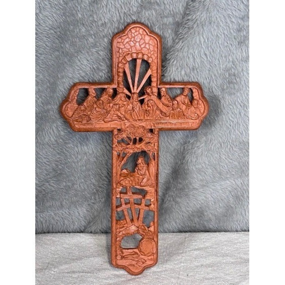 Carved Wood Cross Wall Hanging Art Last Supper Garden‎ of Gethsemane Religious